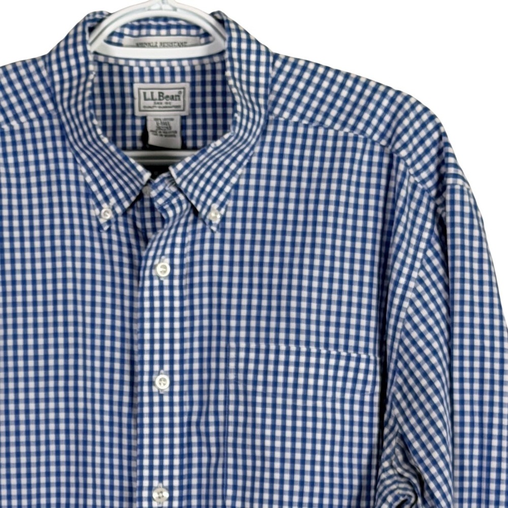L.L. Bean Button‎ Down Shirt Mens LT Blue Gingham Wrinkle Resistant Cotton read